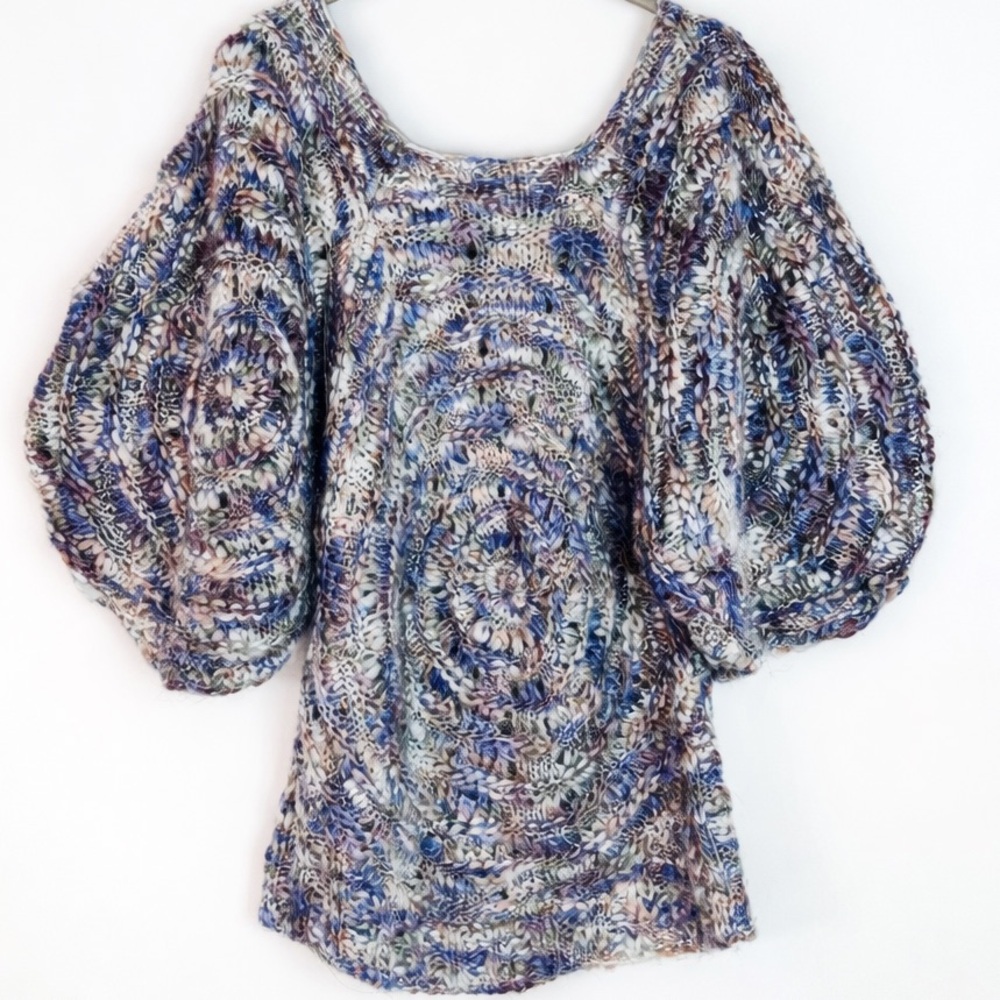 Vertigo Paris Hand-Knit Wool Sweater Boho Art to Wear Balloon Sleeves Size Large